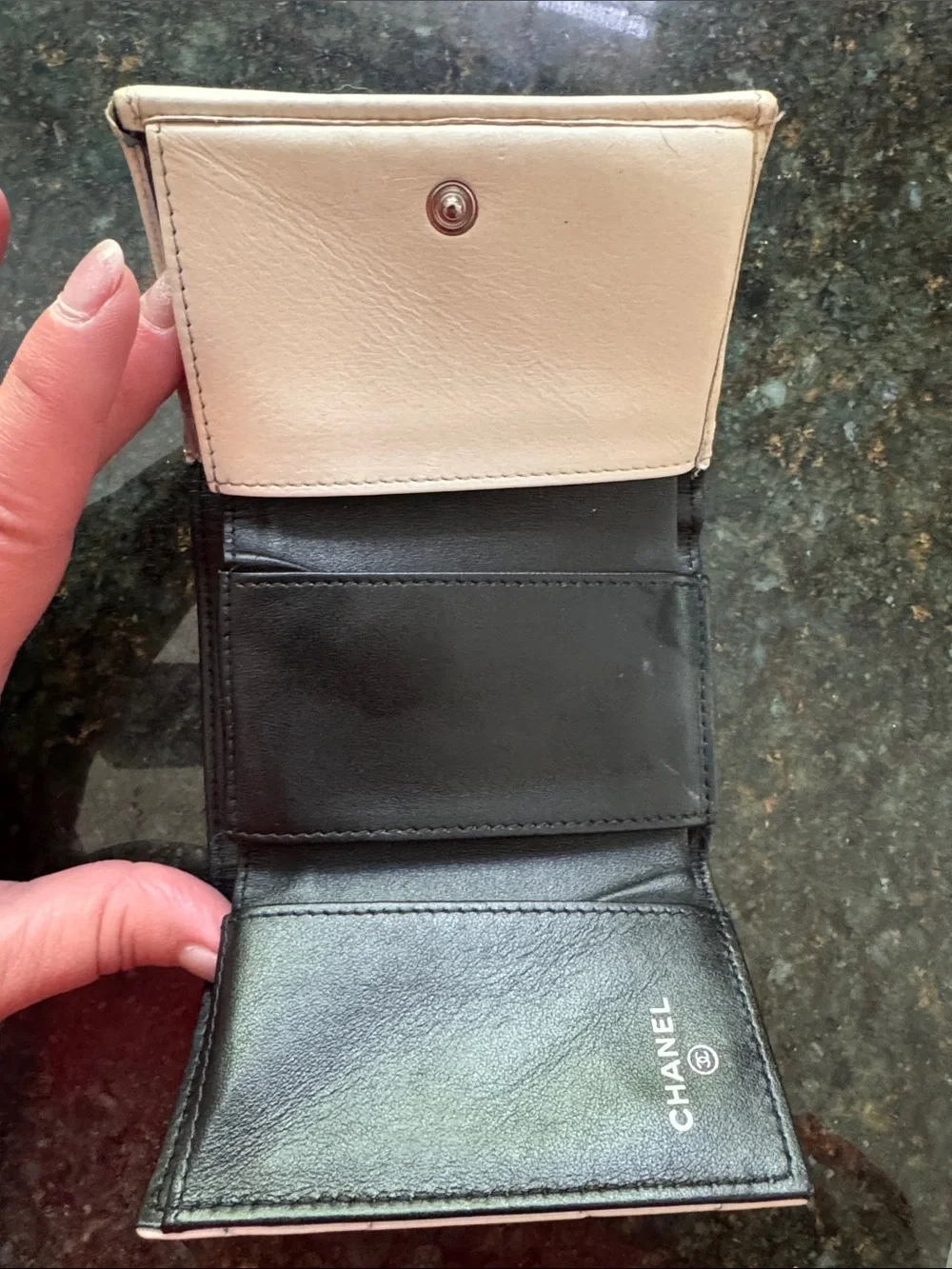 CHANEL Quilted Small Wallet in Light Beige with Black CC Logo